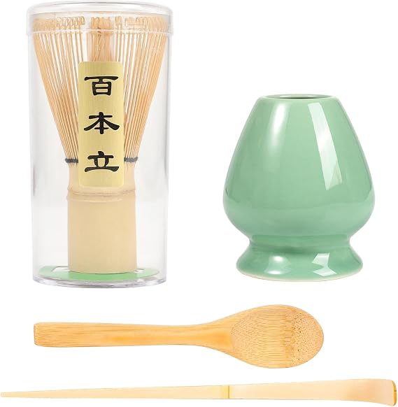 Matcha Whisk Set Matcha Whisk(Chasen) with Matcha Whisk Holder, Matcha Spoon and Matcha Scoop for Matcha Maker White