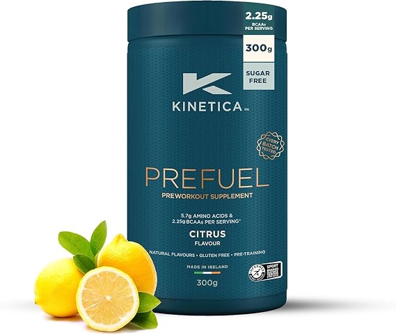 Kinetica Sports Prefuel Pre Workout -Citrus Flavour | 5.7g Amino Acids Blend,2.25g BCAA's & 92mg Caffeine/Serve, 30 Servings/300g| With Essential Vitamins, Minerals|Supports Performance & Energy Boost
