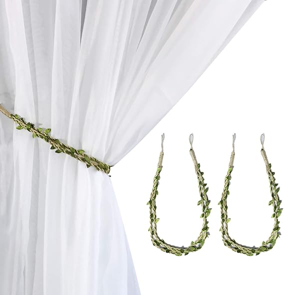 Valea Home Curtain Tiebacks Ropes Natural Burlap Rope Holdbacks with Artificial Vines Fake Foliage Ivy Leaf for Rustic Wedding Party Home Decorative Curtain Holders, Set of 2