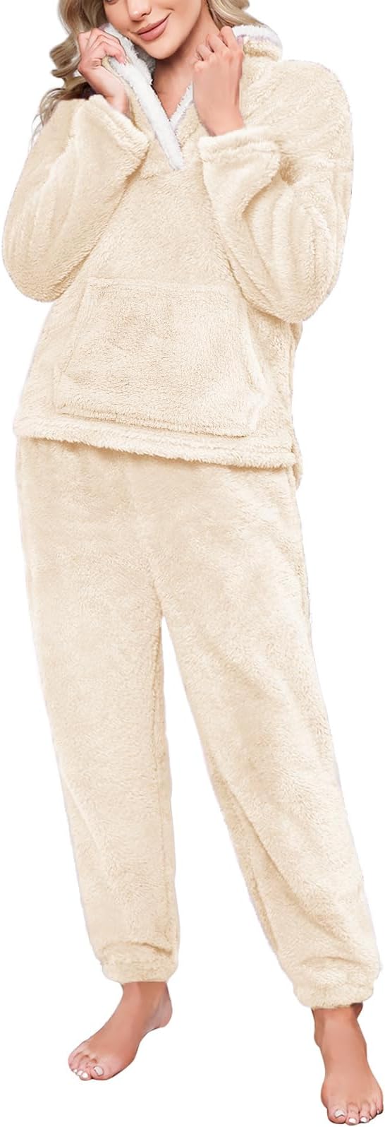 Women's Fluffy Pajamas Set Winter Warm 2 Piece Plush Pullover Pants Fuzzy Fleece Sleepwear Loungewear Pjs with Pockets