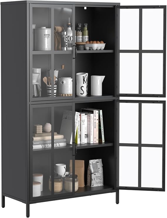 Display Cabinet with Glass Doors and Adjustable Shelves, Metal Storage Cabinet with Adjustable Feet and Anti-Tipping Function, Freestanding Bookcase Bookshelf, Black