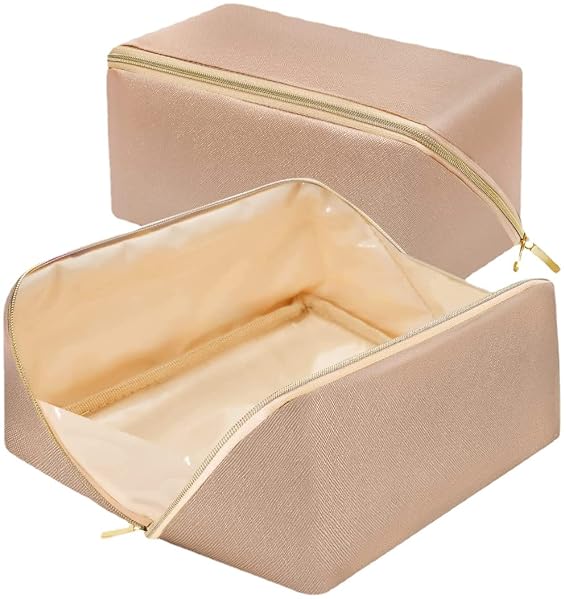 Large Capacity Travel Cosmetic Bag - Makeup Bag, Portable Leather Waterproof Women Travel Makeup Bag Organizer, with Handle and Divider Flat Lay Cosmetic Bags (Gold)