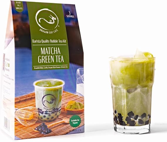 Dragon Cat Café Bubble Tea Kit (Pack of 3) Matcha Green Tea Flavour with Instant Tapioca Pearls and Tea Powder | Makes 3 Drinks | with 3 Paper Straws | Gift Set