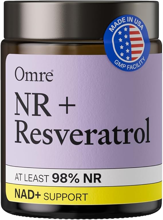 OMRE Nicotinamide Riboside + Resveratrol NAD Supplement Supports Aging, Energy & Cell Regeneration, 98% Pure 500mg NR & 500mg Micronized Resveratrol, 60 Capsules