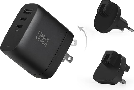 Native Union Fast GaN Charger PD67W Ultra-Compact Three-Port Power Delivery Enabled USB-C & USB-A Travel Charger Up to 67W MacBook Pro, iPads, iPhones, Pixel, Galaxy & More (Black)