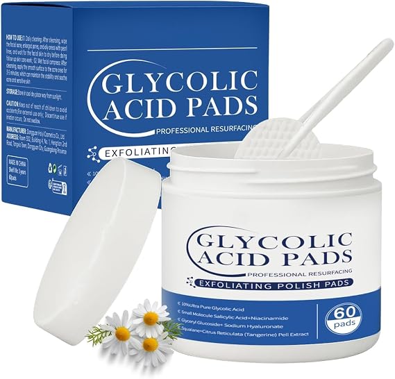Glycolic Acid Resurfacing Pads,60 Count | 10% Ultra Pure Glycolic Acid , 2% Salicylic Acid, Hydrating,Effectively cleanses pores,with clip,for all skin types
