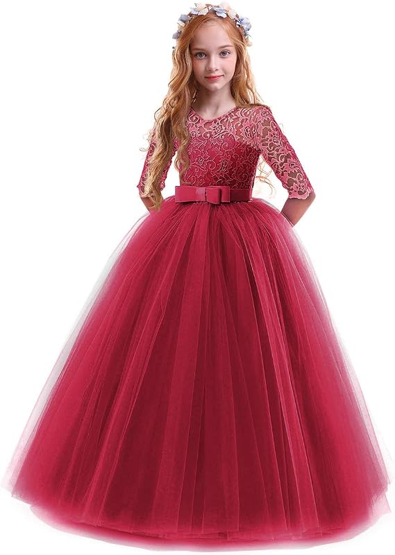 Flower Girl Lace Dress for Kids Wedding Bridesmaid Pageant Party Prom Formal Ball Gown Princess Puffy Tulle Dresses