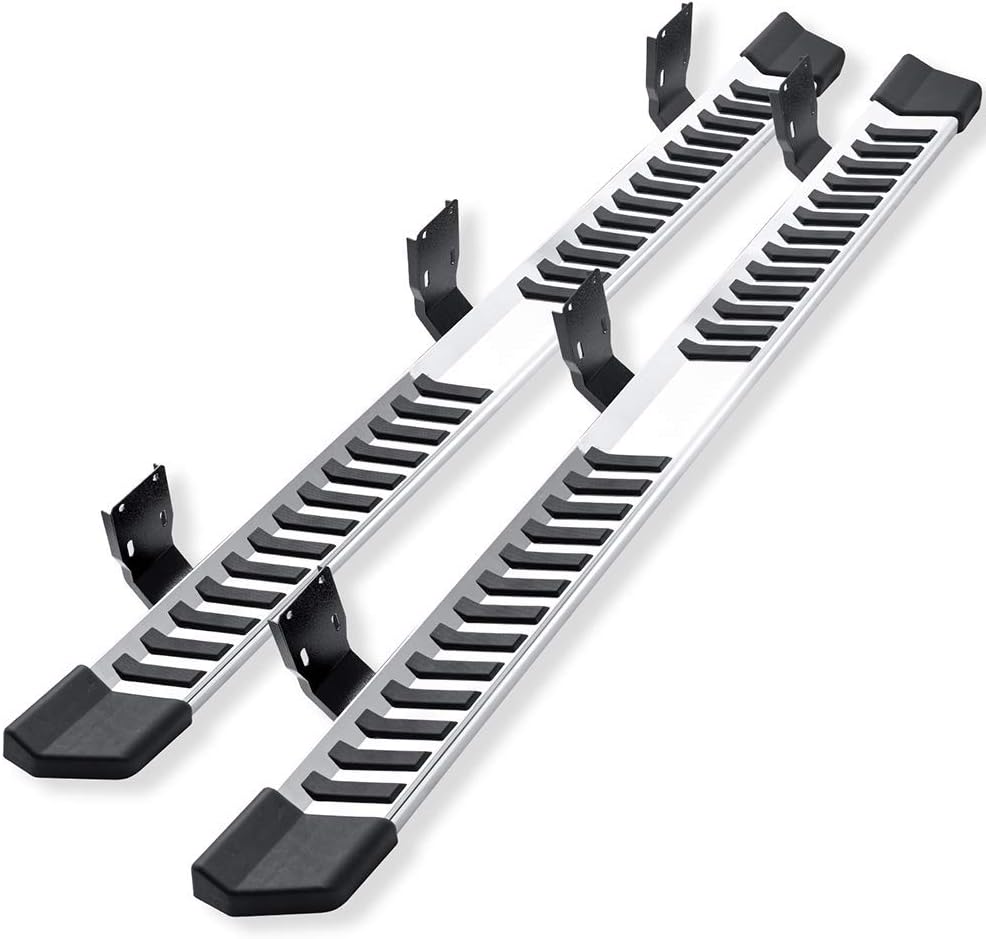 IKON MOTORSPORTS, Running Boards Compatible with 1999-2016 Ford F250 F350 F450 F550 Superduty Crew Cab, V Style Silver Stainless Steel Side Step Bar Nerf Bar