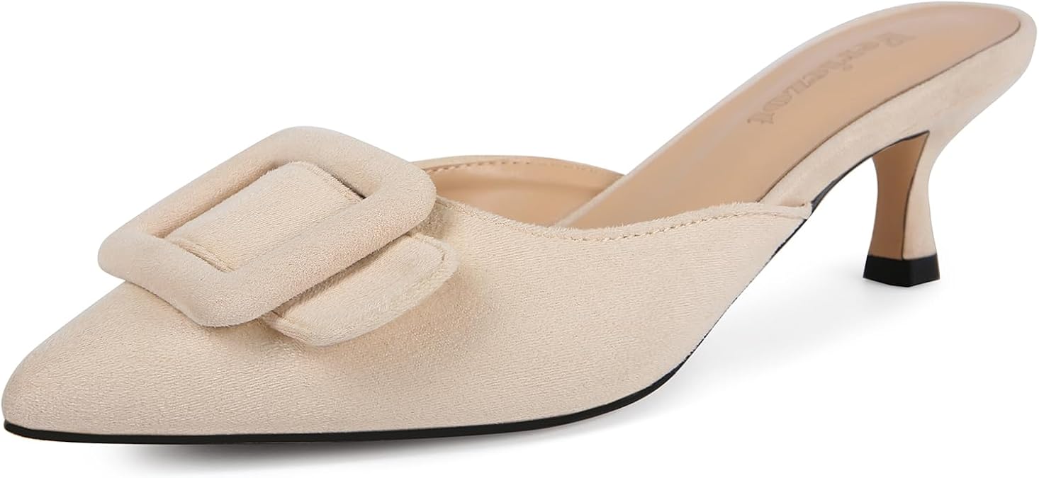 Fericzot Mule Slippers for Women,Slingback Buckle Pumps Pointed Toe Kitten Heels Shoes Slides Backless Dress Sandals