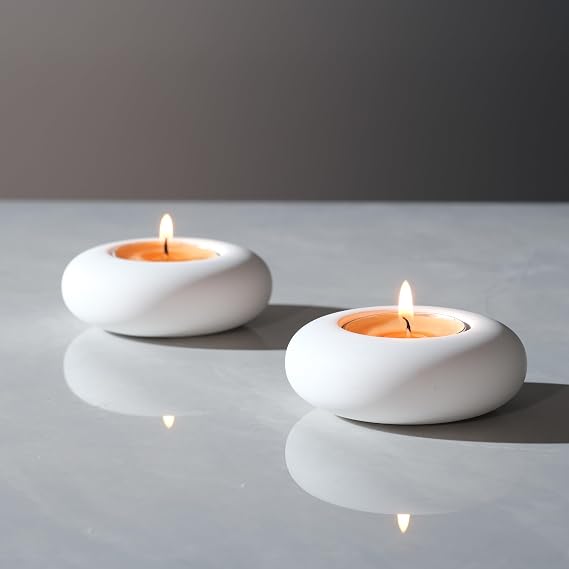 Handmade Decorative Pebble Tealight Candle Holder - Handcrafted Home Decor Accent for Calming Earthy Aesthetic White Cement Diameter 3 Inches Set of 2