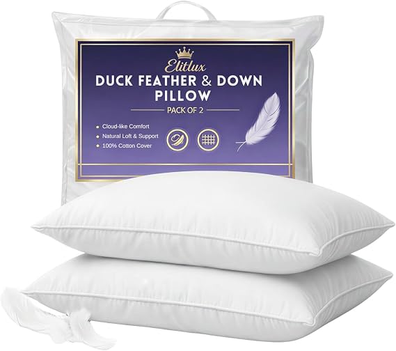ELITLUX Hotel Quality Duck Feather Pillows 2 Pack – Soft & Supportive Down Alternative Filling – Comfortable Firm Pillows for Side, Back & Stomach Sleepers – Machine Washable (White)