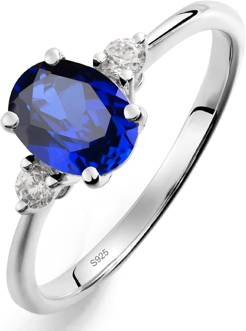 LUO 925 Sterling Silver 8x6mm Oval Shaped Gemstone Rings for Women, Three Stone Engagement Ring Birthstone Jewelry Anniversary Promise for Lady Size 3-13