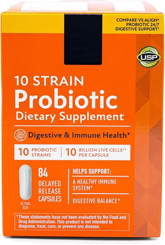 10-Strain Probiotic Digestive Care Supplement Capsules, 10 Billion Live Cells, Supports Digestive and Immune Health - 84 Count