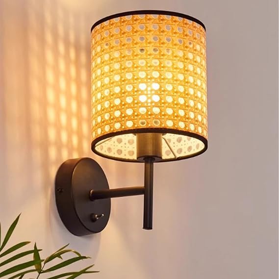 Boho Vintage Sconces Light Fixture,Black Wall Sconce with Hollow Out Bamboo Shade,Indoor Hallway Fixture Light,Round Wall Lights for Bedroom Living Room Kitchen Corridor Farmhouse Decorations