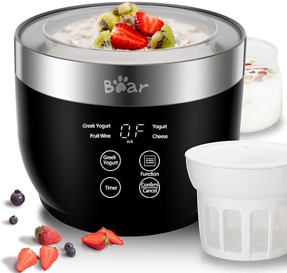 Automatic Digital Yogurt Maker With Stainless Steel Inner Pot, 2 Glass Jars (1 Quart) and Strainer for Home Organic Yogurt - Black