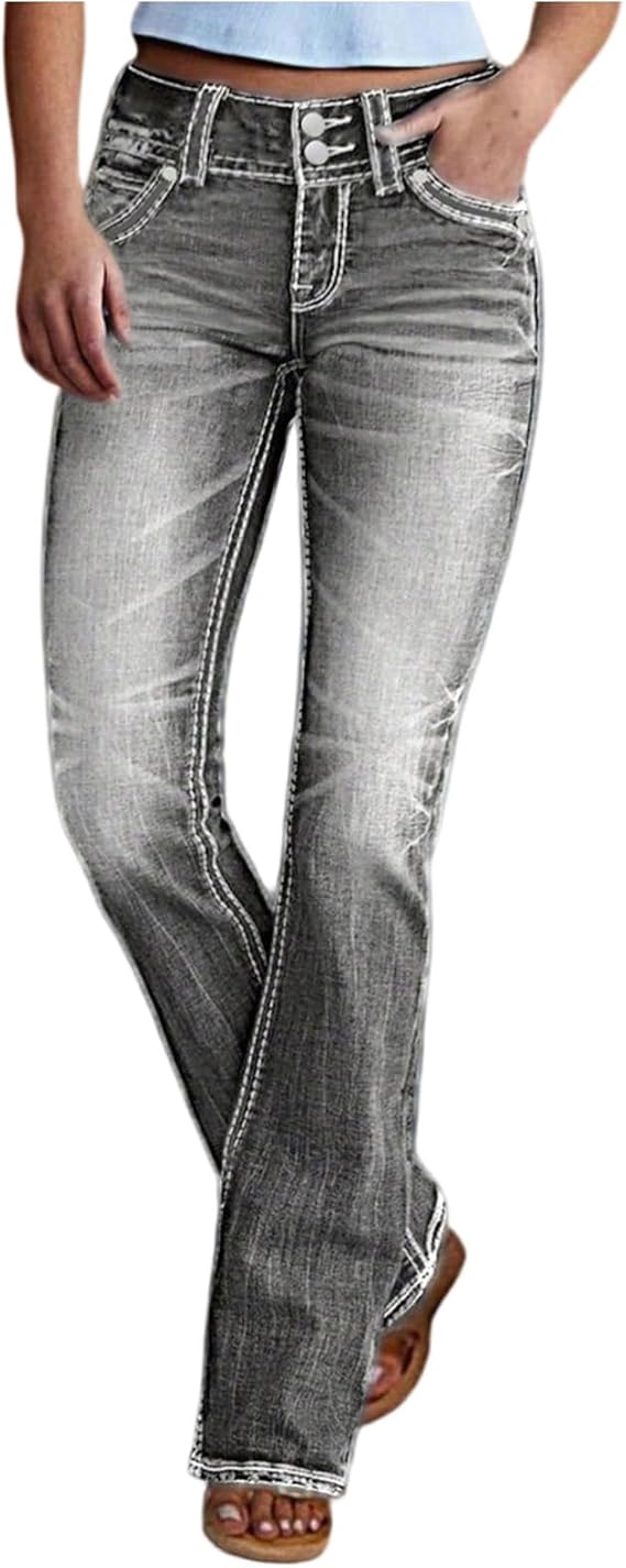 Womens Bootcut Jeans High Waisted Boyfriend Stretchy Cute Flare Jeans Trendy Y2k Buttons Fly Country Star Mom Straight Leg Denim Pants Casual Light Wash Vintage Tummy Control Cowboy Jean