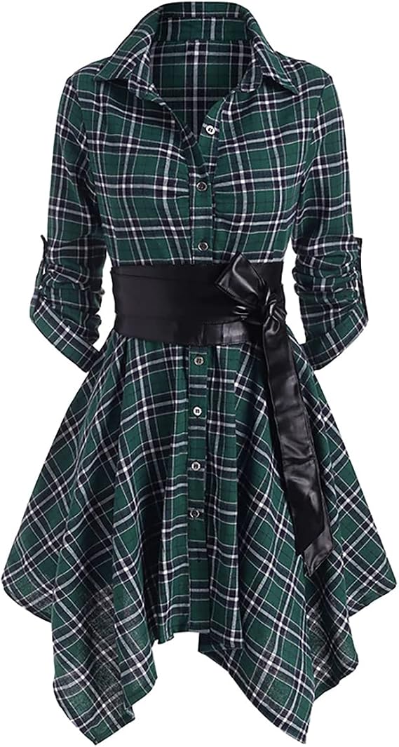 Gothic Women's Long Sleeve Dress with Plaid Belt and Irregular Skirt (XXL, Red)