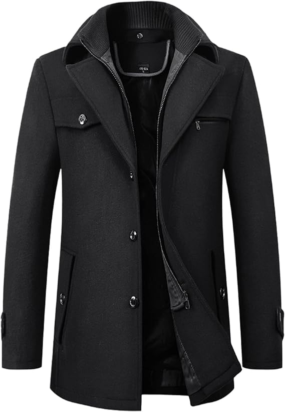 QWENTMTNTY Mens Military Trench Coat Casual Winter Wool Jackets with Zipper Thermal Business Short Pea Coats with Pockets
