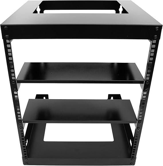 12U Wall Mount Open Frame 19 Inch Server Equipment Rack 15 Inch Depth Black with 2 Shelves