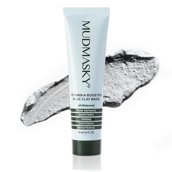 MUDMASKY Vitamin-A Booster Blue Clay Mask 60ml / 2.0FL - Natural Retinol Alternative with Bakuchiol, Skin Care for Pore Refinement, Tightening & Brightening - Fragrance-Free Beauty Face Mask