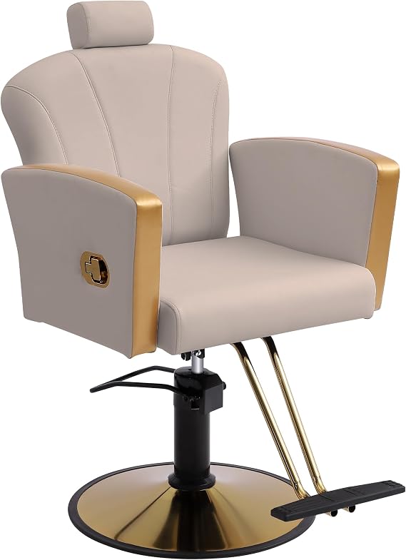 Barber Chair for Hair Stylist, Reclining Salon Chair, 360 Degree Swivel Barber Chair, Adjustable Hair Chair for Barbershop (Grey-Gold)