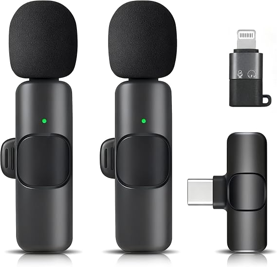 2 Pack Wireless Lavalier Microphone for iPhone Android, Mini Lapel Mic with Noise Reduction - Clear Sound for Video Video Recording, LiveStream, YouTube, Online Meeting, TikTok, Vlogging