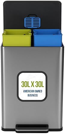 Simpli-Magic 16 Gallon (60L) Step Trash Can Dual Compartment Kitchen Garbage Can Waste & Recycling Bins, Slow-Close Lid, Odor Control, Hands-Free, Easy to Clean, Infinity Edge Stainless Steel