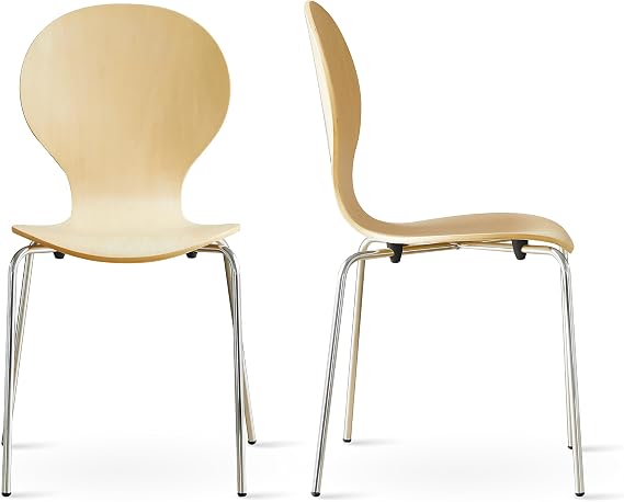Livinia No.9 Mid-Century Modern Wooden Dining Chairs Set of 2, Contemporary Stackable Bentwood Kitchen Interior Armless Chairs with Steel Legs (Natural)