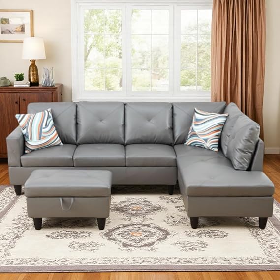 NicBex Modular L-Shaped Sectional Couches, 3-Piece Convertible Couch with Storage Ottoman, 4-Seat Comfy Sofa with Chaise for Living Room & Apartment, Dark Grey
