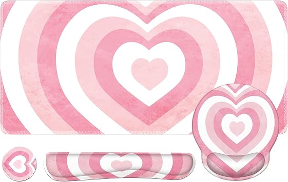 iLeadon Pink Desk Mat, Desk Pad + Pink Mouse Pad with Wrist Rest + Keyboard Wrist Rest + Coaster, 4in1 Mouse Pad Set, Mouse and Keyboard Pad for Home Office, Heart Pink
