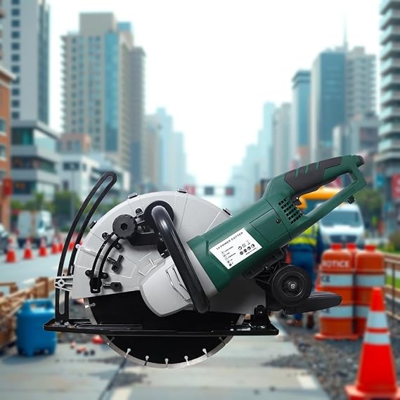 Electric Concrete Saw, 14'' Circular Saw Cutter with 5 in Cutting Depth, Wet/Dry Disk Saw Cutter 2600W 15A Motor Chop Saw, Electric Power Demo Saw herramientas for Stone, Brick, Concrete (Green)