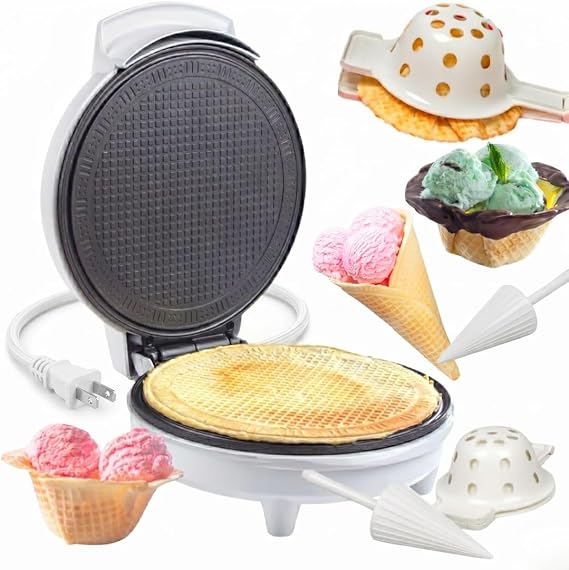 Waffle Cone & Ice Cream Bowl Maker- Cup Press & Shaper Roller, 8" Plates | Electric Non-stick Waffler Iron Machine- DIY Homemade Dessert Treats, Summer Sundae Bar, Kitchen Appliance Gift, PFAS Free