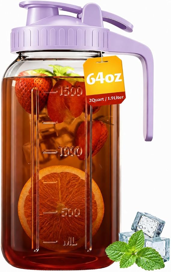 64oz Mason Jar Pitcher, 2quart Glass Pitcher with Lid for Tea & Cold Brew