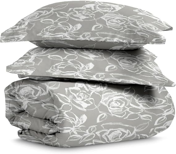 Pizuna 100% Cotton Simply Floral Print Twin Duvet Cover Set 400TC Silver