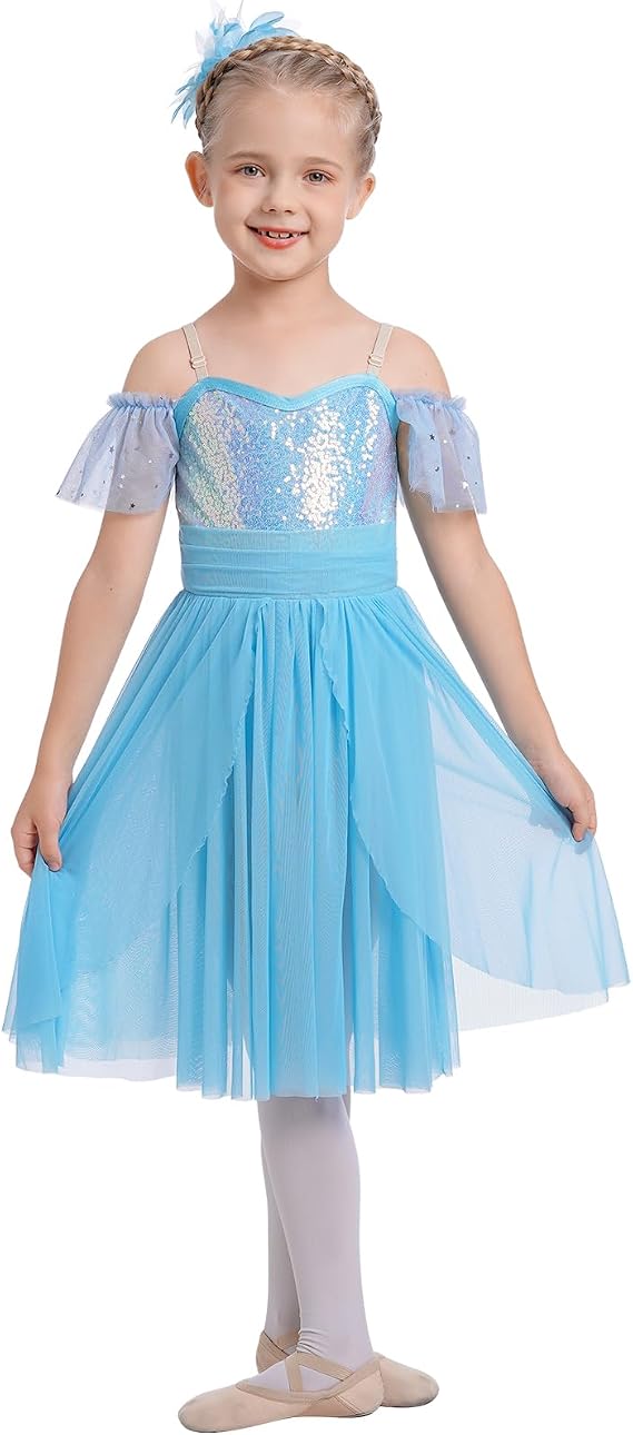 AFAVOM Kids Girls Lyrical Dance Costume Sequin Flower Lyrical Dress Asymmetric Flowy Tulle Skirt Contemporary Dance Costumes