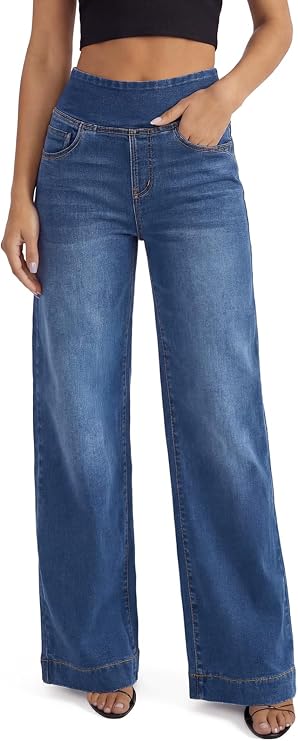 Pull On Wide Leg Jeans for Women UK,High Waisted Baggy Stretchy Pants