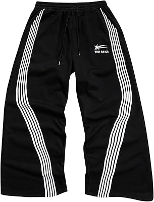 SHENHE Mens Y2k Graphic Baggy Sweatpants Wide Leg Striped Open Bottom Drawstring Sweatpants