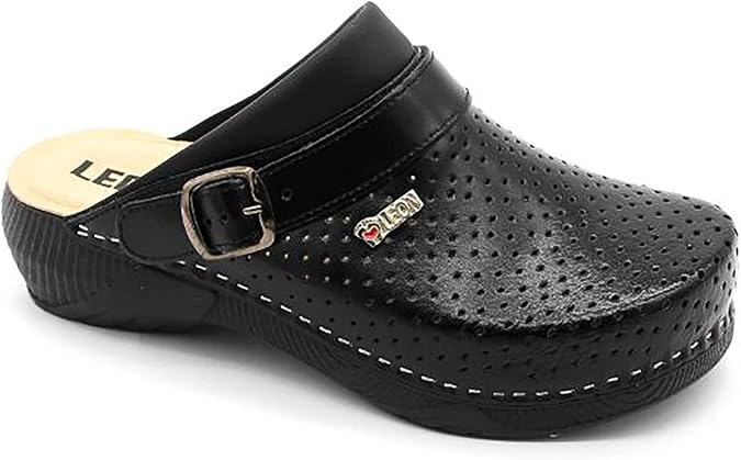 LEON 3300 Leather Slip-on Womens Ladies Clogs Mule Slippers Shoes, Black, EU 38 (7.5M US Women)