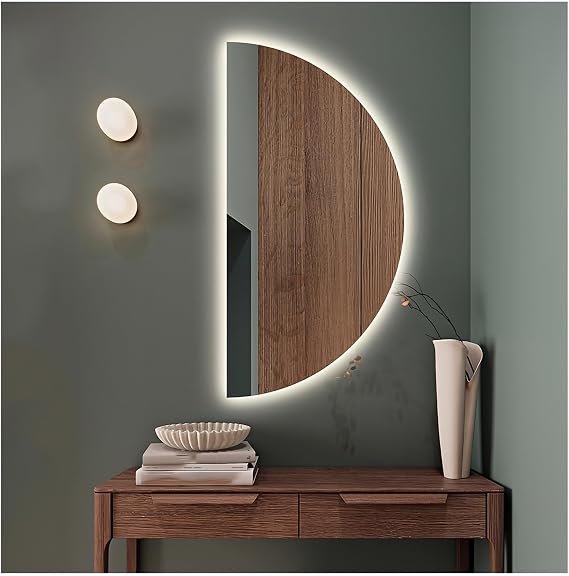 Lighted Half Moon Mirror For Bathroom, Irregular Frameless Anti-Fog Wall Mirror, Intelligent Led 3-Color Light Dressing Mirror, Vanity Makeup Mirror(40x80cm(15.7x31.5in))