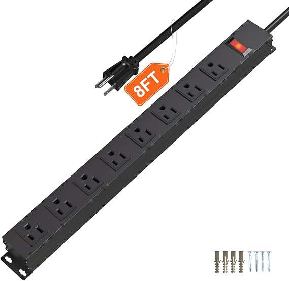 8 Outlets Heavy Duty Power Strip with 8 Ft 14AWG Power Cord Straight Plug and Switch,Wide Spaced Shop Power Strip Metal for Commercial,Industrial,School and Home,15A 125V 1875W,Black(8FT)