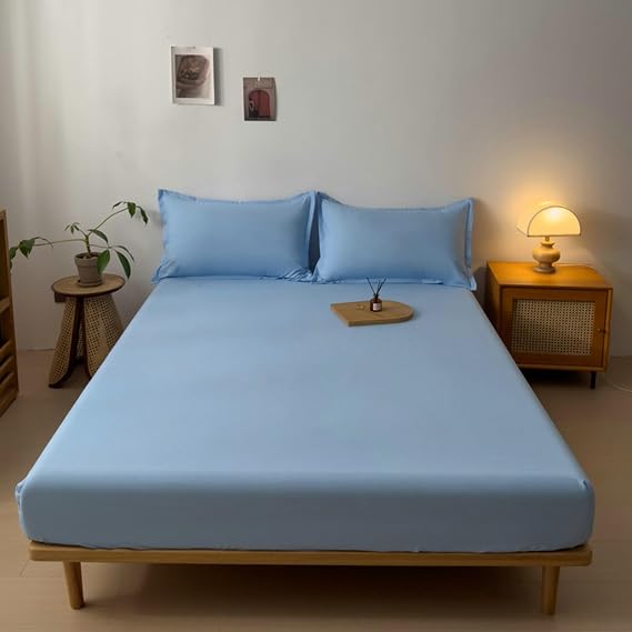 Queen Size Bed Fitted Cotton Sheets Solid Color, Blue Bed Sheets Fitted 4 inch Deep, 59"x79"
