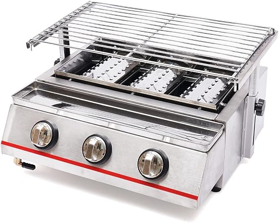 Commercial Gas LPG Grill, 3 Burners Smokeless Gas Grill with Separate Switch, Portable Barbecue Gas LPG Grill with Oil Catching Pan & Food Pan, BBQ Gas Grill for Indoor, Outdoor