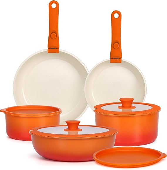 GiPP Pots and Pans Set Non Stick,11PCS Granite Nonstick Cookware Sets with Detachable Handle,Induction Kitchen Set Removable Handle,RV Cookware Set,PFAS PFOA Free,Oven Safe(Orange Gradient,11PCS)