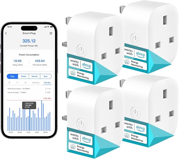 Meross MSS305 Mini Smart Plug with Energy Monitoring 4-Pack | WiFi Plug Compatible with Alexa, Google Home and SmartThings, Remote Control Timer Socket, No Hub Required, 13A