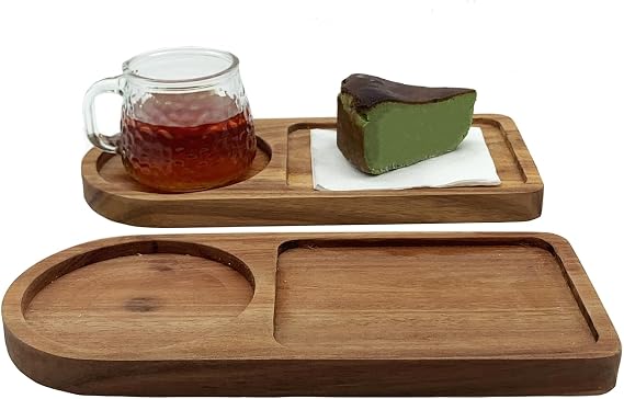 Small Wood Coffee Serving Tray, 2 Pack Wooden Serving Platter Drink Server for Coffee Table