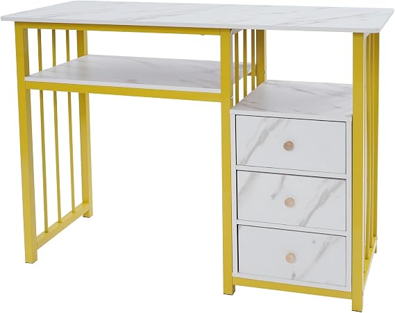 Nail Desk | Manicure Table Nail D-esk | Manicure T-able for N-ail Tech | Marbling Texture Nail Table | Nail Table Station with 3 Drawers | Acetone Resistant Nail Tech Desk | Gold & White