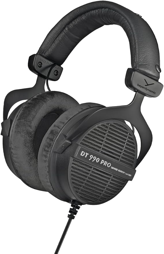 beyerdynamic DT 990 PRO, 250 Ohm, Open Back, Over Ear, Wired Professional Studio Headphones, Mixing, Music Production, Editing, Audiophile, 3m Straight Cable, Black with Black Velour Ear Pads