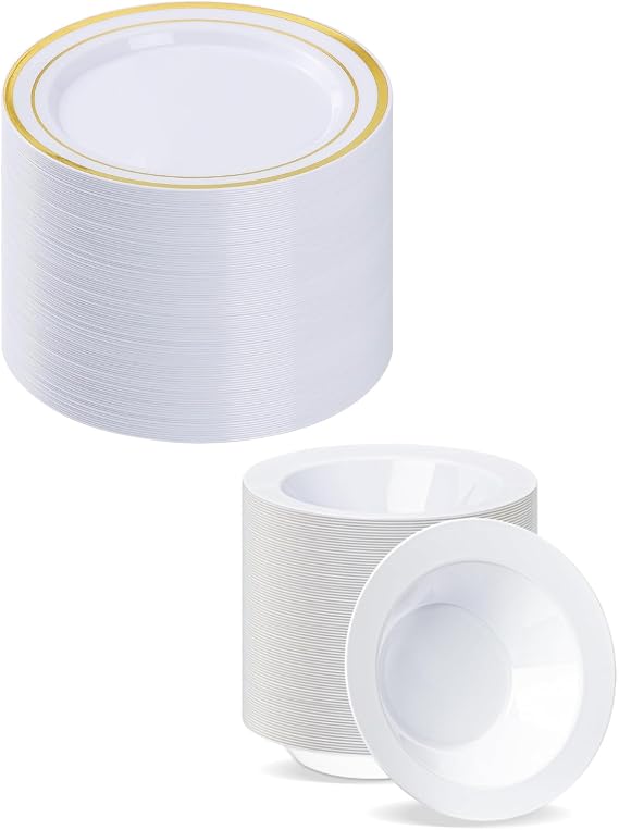 BESTVIP 100PCS Gold Plastic Plates & 100PCS White Bowls 12 OZ, 10.25 Inch Disposable Dinner Plate Party with Gold Rim, Heavy Duty Disposable Plastic Plates for Party, Wedding and Birthday