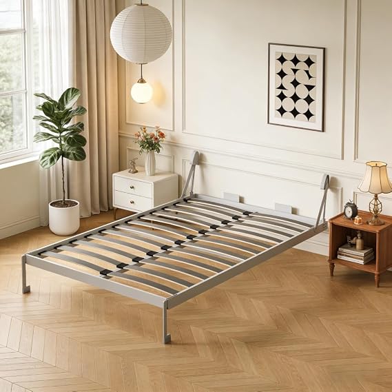 DIY Cabinet Folding Bed Queen Size Vertical Murphy Wall Bed Hardware Kit, Grey Metal Frame with Hydraulic Rods & Automatic Support Feet, Space-Saving Solution for Apartments
