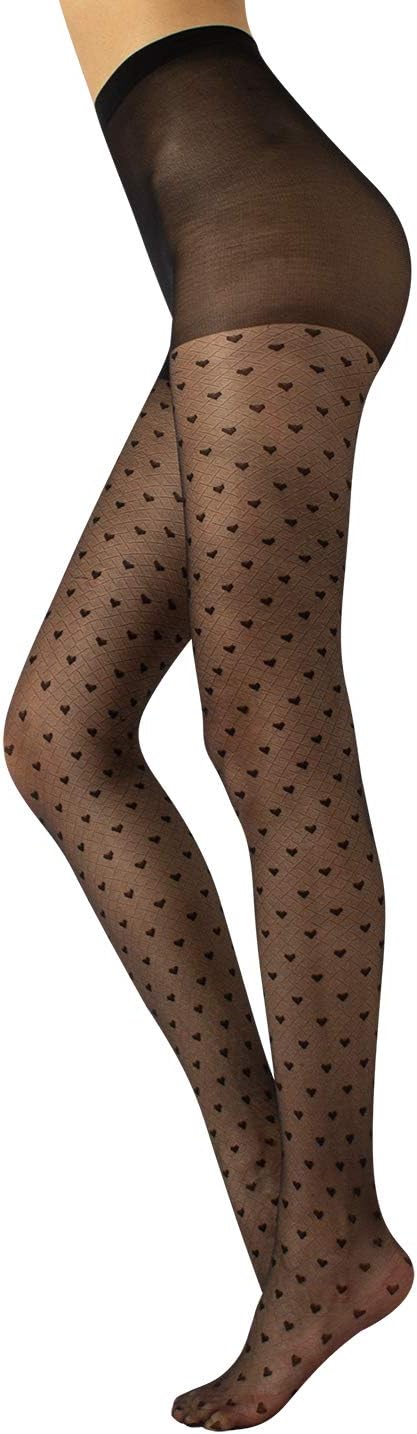 CALZITALY Sheer Black Tights Patterned, Little Hearts 20 DEN Made in Italy | Heart Tights for Women Stretchable, Nude Effect Black Patterned Tights, S/M & L/XL, OEKO-TEX STANDARD 100 Certified